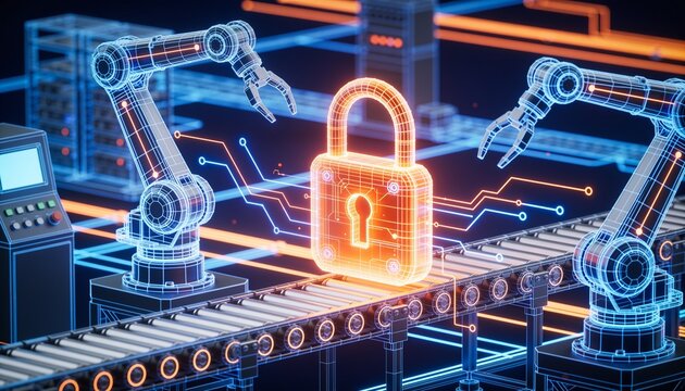Protected smart manufacturing infrastructure with electric blue holographic robots and production lines, glowing orange padlock, neon blue and orange circuitry, dark navy isometric cybersecurity illus