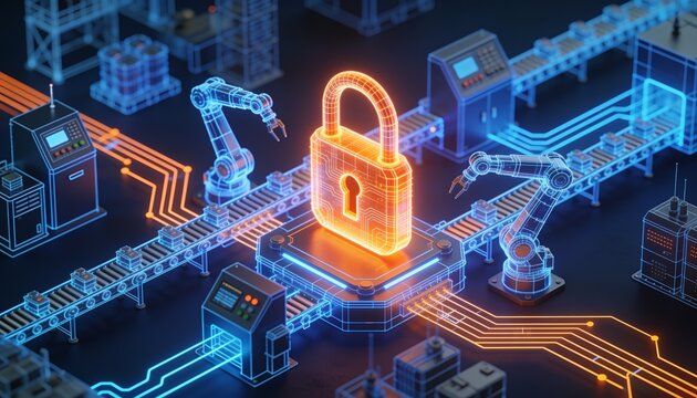 Protected smart manufacturing infrastructure with electric blue holographic robots and production lines, glowing orange padlock, neon blue and orange circuitry, dark navy isometric cybersecurity illus