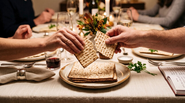 Sharing matzo at Passover dinner with family gathered around the beautifully set table. Traditional Jewish celebration features unleavened bread, wine, and festive decorations.