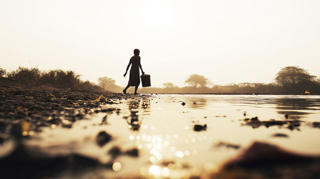 African woman carrying water, walking along a dry riverbed at sunset, facing water scarcity issues