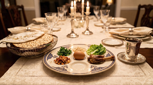 Passover seder plate with matzah and wine cup elegantly arranged on dinner table. Beautiful Passover seder setup features traditional foods like lettuce, charoset,