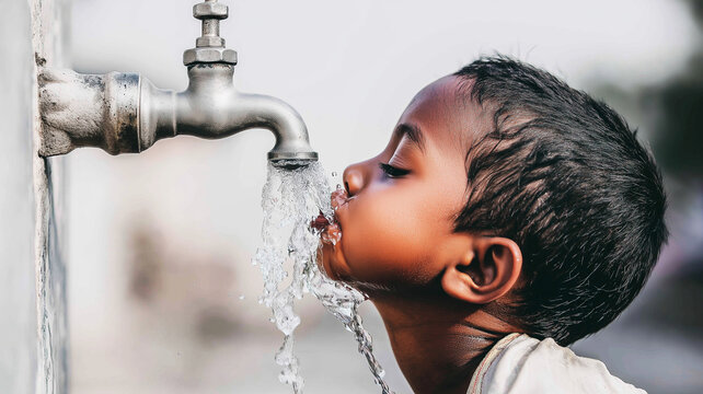 Young child refreshing with clean water from a public tap, representing hydration, access to water, and a basic need
