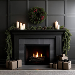 Fototapeta premium Garland candle wreath fireplace gift pine holiday cozy black winter festive decoration ribbon flame present box celebration
