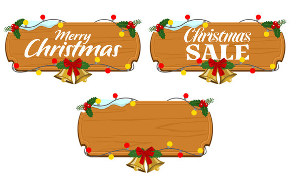 Christmas wooden sign collection featuring rustic wood plaques decorated with holly, berries, Christmas lights, ribbon and bells, including Merry Christmas, Christmas Sale, and blank editable design.