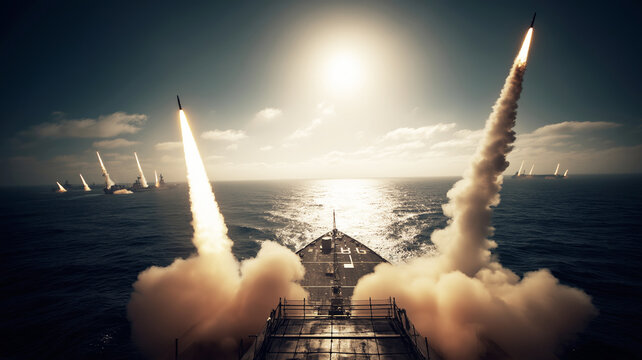 Naval fleet launching multiple missiles during a military exercise at sea, demonstrating defense capabilities