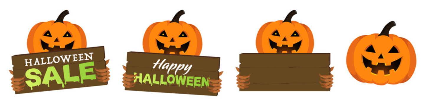 Halloween wooden sign collection of Jack o lantern, rustic wooden boards and typography, including Halloween Sale, Happy Halloween and blank editable signs for seasonal promotions and holiday events.