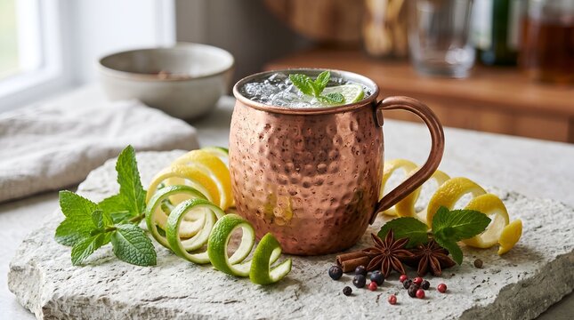 Copper mug with herbal beverage and citrus garnish on rustic surface