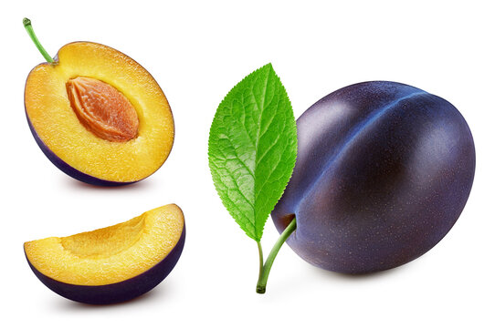 Plum. Plum with leaves isolated on white background. Plum with clipping path