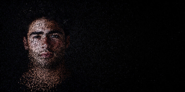 Digital ID Portrait of Man with Face made up of Data. Facial recognition Concept with copy-space.