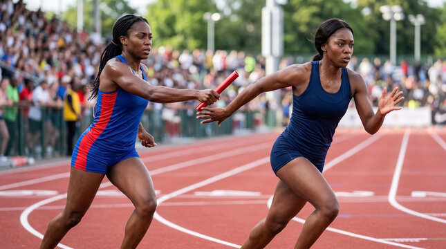 Dynamic relay race with baton passing between runners on track. Athletes showcase teamwork and speed in relay competition, highlighting excitement of track and field events.
