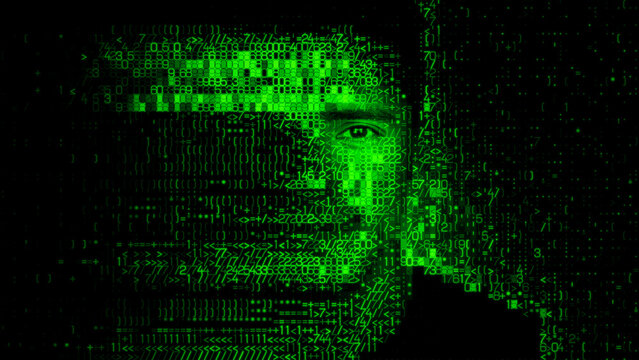 Man's Face formed from Numeric Data, illustrating Sock Puppet Account Concept.