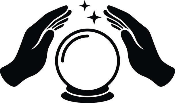 Black and white silhouette icon of fortune teller hands over a magic crystal ball for future prediction