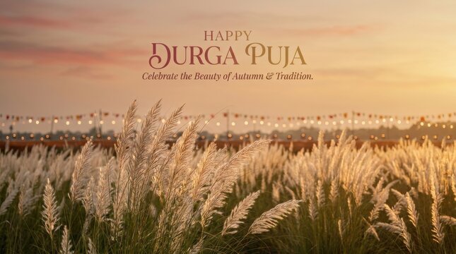 Durga Puja greeting card with kash flowers in a sunset field
