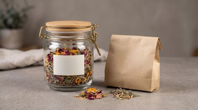 Glass jar with dried flower tea blend and kraft paper pouch on