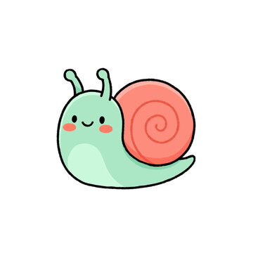 Cute kawaii green snail vector illustration with spiral shell isolated on white background