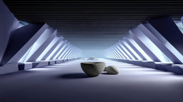 Modern futuristic architecture clean purple backdrop high fidelity minimal interior Modern futuristic architecture with clean