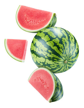 Flying in air Watermelon Clipping Path. Ripe whole Watermelon and slice isolated on white background with clipping path. Watermelon fruit set macro studio photo