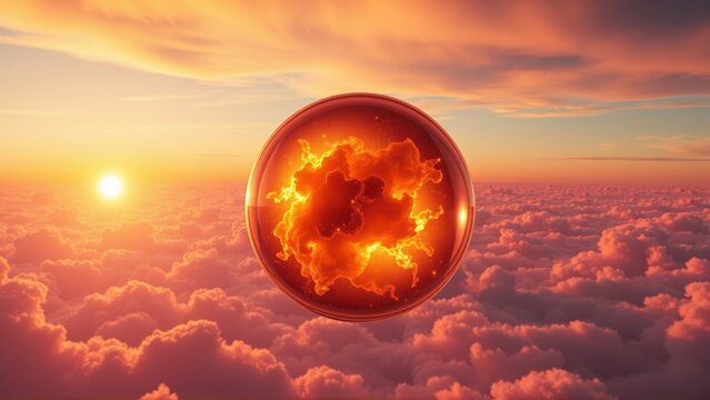 Fiery orb suspended above clouds. Sunset hues dominate scene, creating dramatic visual impact. Intense energy radiates from central point.