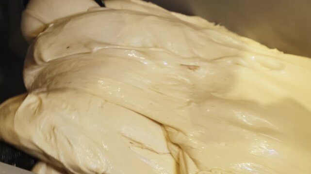 Baker in black protective gloves kneads pliable dough. Experienced worker prepares fresh dough for variety of homemade bread products