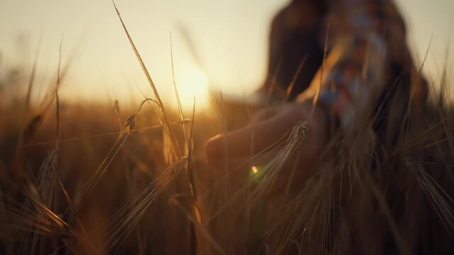 Farmer viewing growing ears of rye or wheat in agricultural field in summer day, man with laptop in beautiful lawn, closeup of hand touching grass, villager enjoying rural life, ecology and agronomy