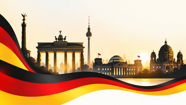 Berlin cityscape at sunset featuring the Brandenburg Gate, iconic television tower, historic landmarks, and flowing German flag colors representing national identity and European travel.