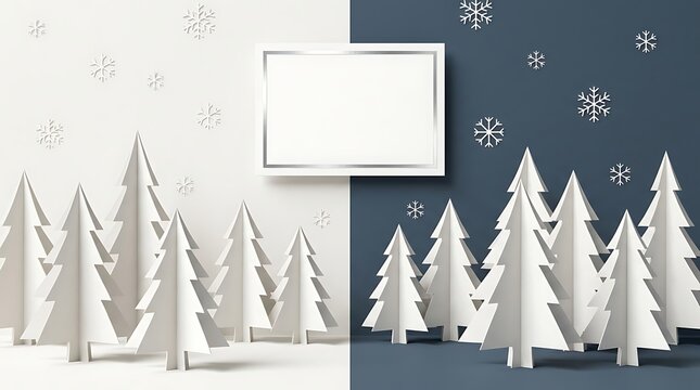 Minimalist Split Screen Paper Cutout Winter Forest Greeting Card Template
