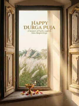 Durga Puja greeting with a lit diya lamp on a window sill at sunset
