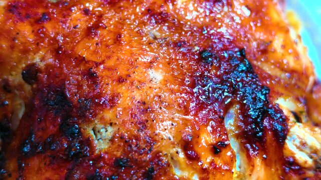 Crispy seasoned skin on roasted spatchcock chicken close up texture background