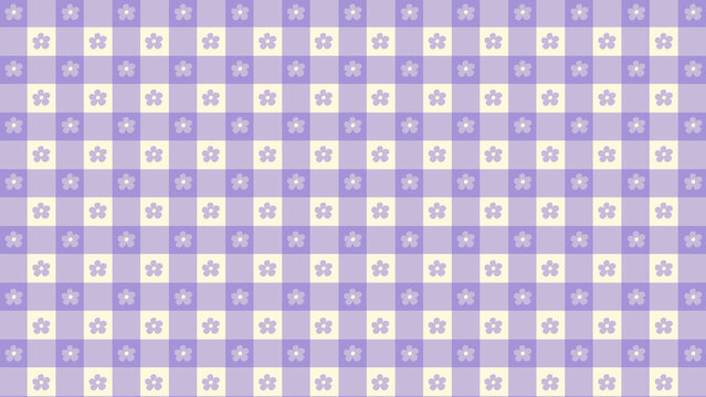 Pastel purple and yellow checkered gingham background pattern with cute flower shapes
