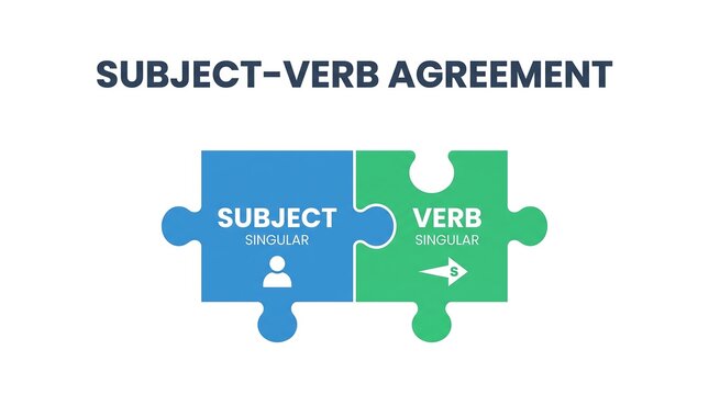 Subject verb agreement puzzle pieces showing singular match on white background