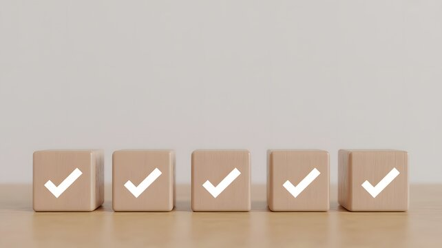 A minimalist image of five identical light wooden cubes with white checkmark symbols in a row for business checklist