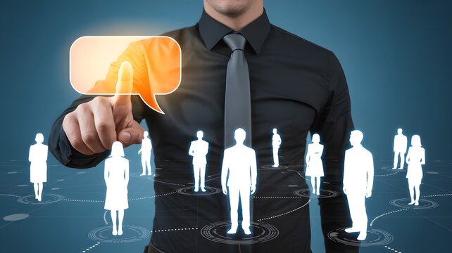 Businessman selecting digital communication chat bubble representing human resources recruitment and team social networking