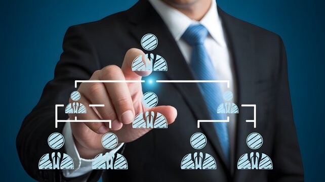 Businessman touching virtual digital organizational chart representing corporate hierarchy and human resource management