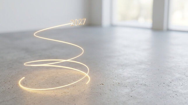 Glowing spiral light trail on a clean gray concrete floor with abstract lig