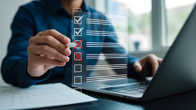 Professional business person using a stylus to fill out a digital checklist on a laptop screen for task management and survey assessment