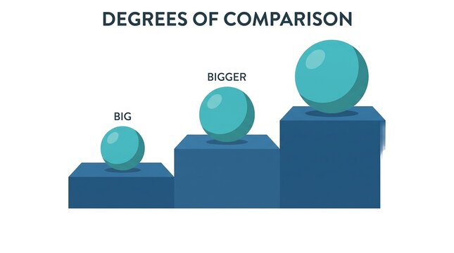 Degrees of comparison big and bigger spheres on pedestals illustrating adjective comparison in english grammar