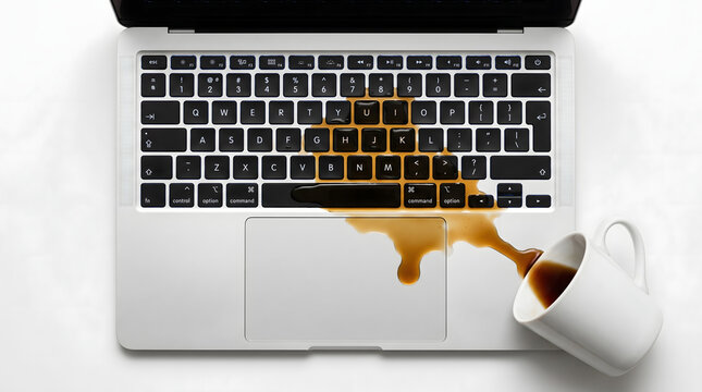Overhead view of coffee spilling from fallen white mug across laptop keyboard on white surface accident concept