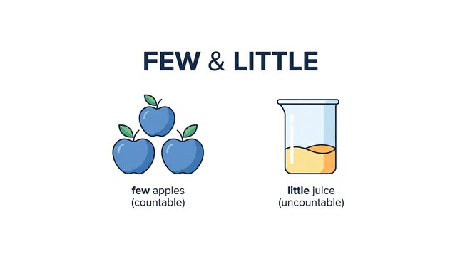 Few and little grammar rule comparison showing countable apples and uncountable juice in beaker