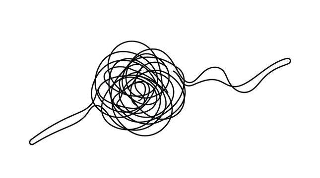 Complex tangled scribble line drawing showing artistic chaos and confusion on plain white background