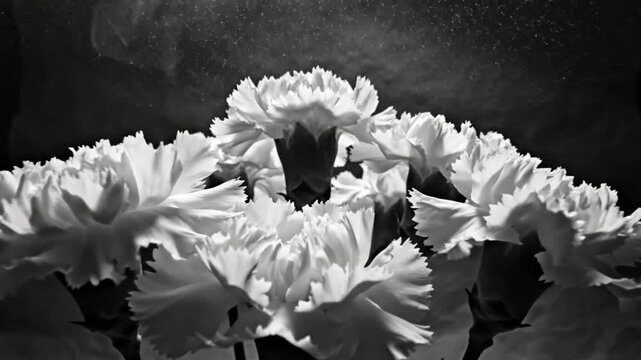Black and white close up of a bouquet of white carnation flowers with a smoky misty background