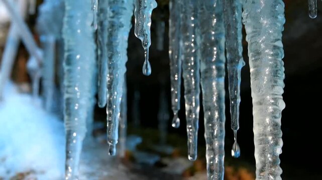 Melting Icicles Dripping Water Drops, Frozen Ice Stalactites Closeup, Winter Nature Background