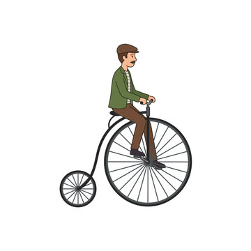 Vintage Cyclist on Penny Farthing High Wheel Bicycle Flat Cartoon Vector Graphic