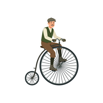 Vintage Gentleman with Flat Cap Riding Penny Farthing Bicycle Vector Illustration