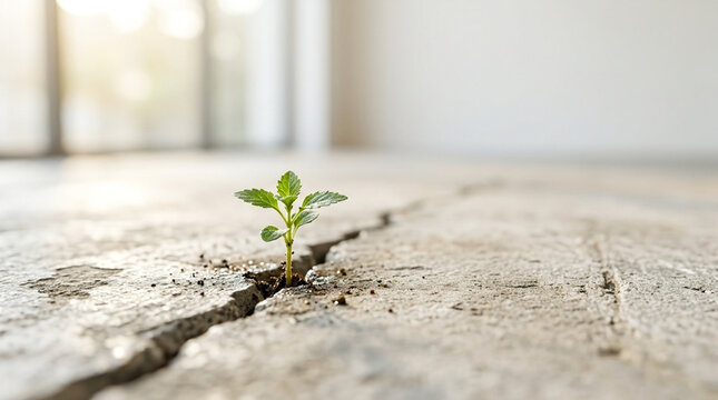 Small green plant growing through a crack in a concrete floor with concrete