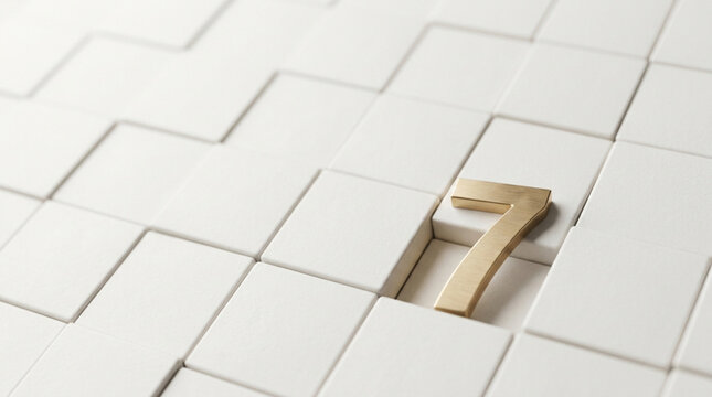Number seven in metallic gold finish set in a white tile surface