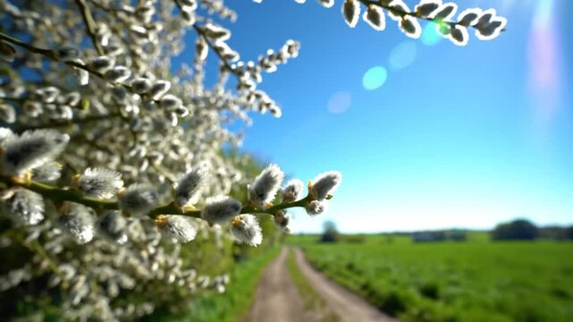 Springtime scene with pussy willows blooming, dirt road through a field with a bright blue sky, sunshine