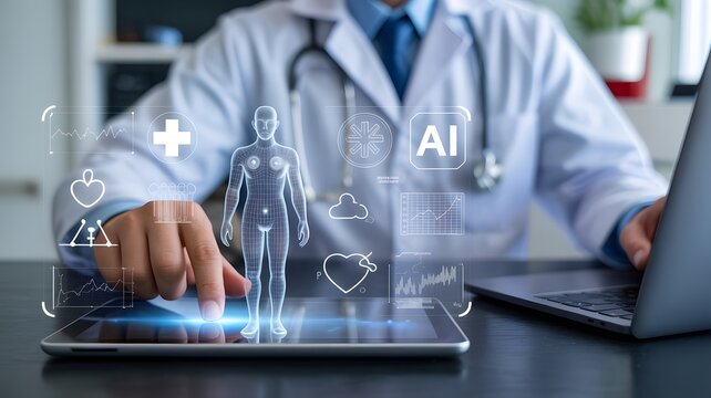Doctor utilizing artificial intelligence and holographic medical data on a digital tablet for futuristic healthcare diagnosis
