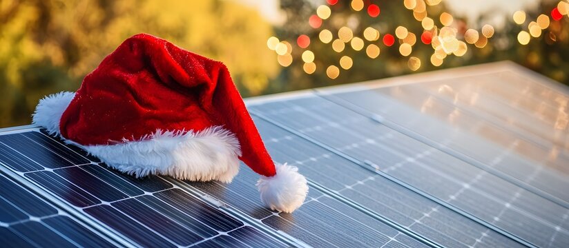 Solar panel with Christmas decorations. Renewable energy concept in winter.