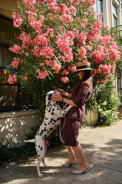 Stylish woman playing with dalmatian dog by pink flowers