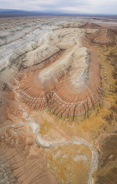 Aerial view of colorful Aktau mountains in Kazakhstan